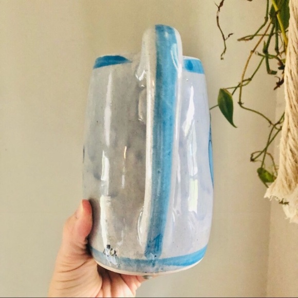 Vintage Gray and Blue Tonala Mexico Bird Flower Pottery Pitcher Vase Jug - Picture 9 of 12